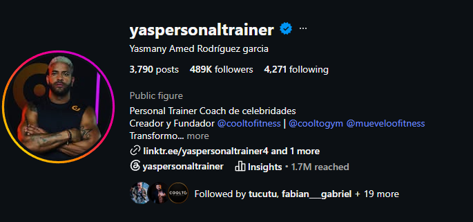 Perfil de Instagram de @yaspersonaltrainer